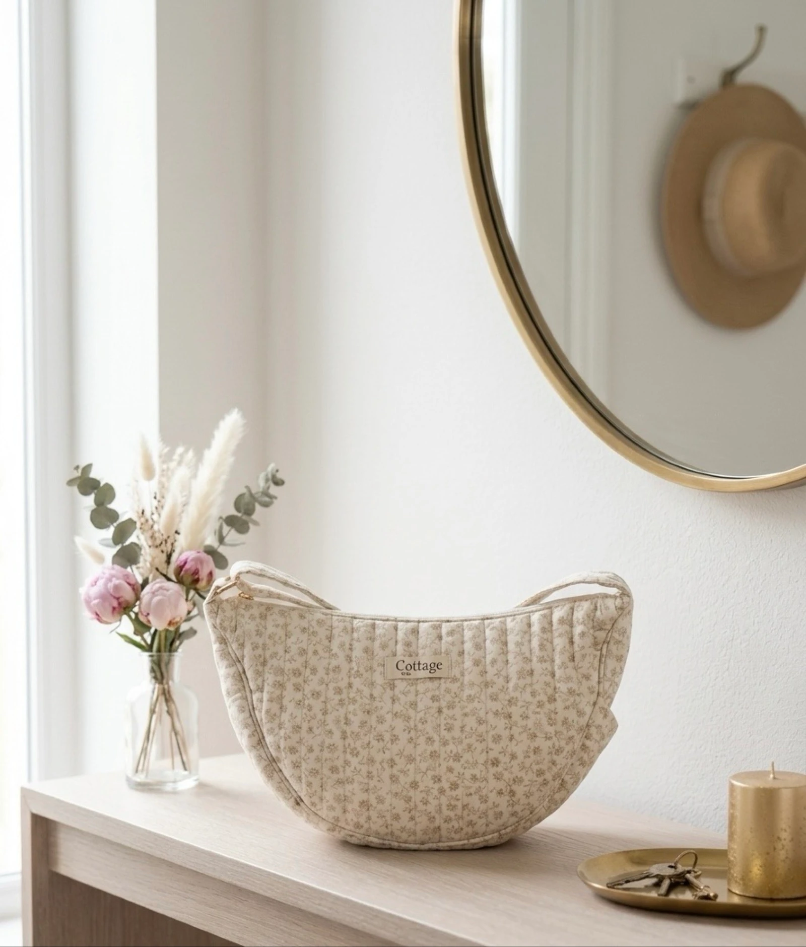 Sac Lune 100% Coton Matelassé Collection Cottage & Bag / Modèle Petits Bouquets Crème